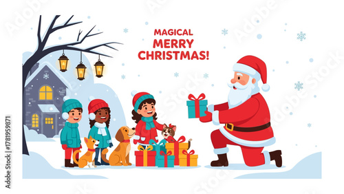 Magical Christmas: Santa Claus bestows gifts on a group of delighted children, their faces lighting up with holiday joy. The image evokes warmth, and the spirit of sharing in a cozy winter setting.