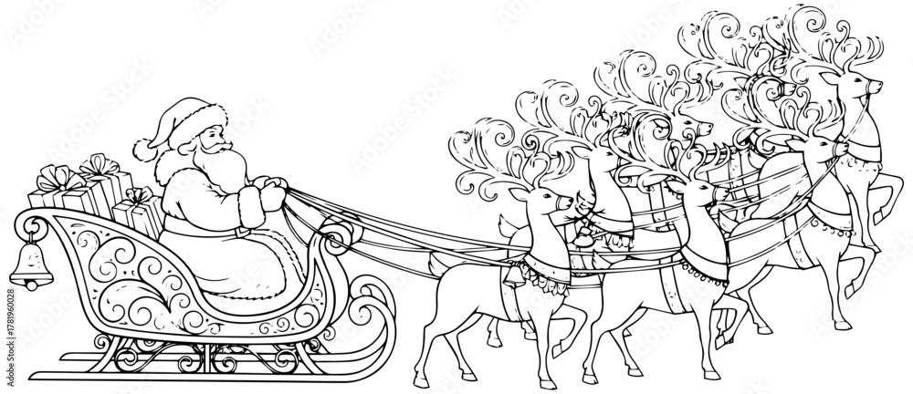 Obraz premium Whimsical Santa Claus riding sleigh with reindeer team, perfect for holiday designs