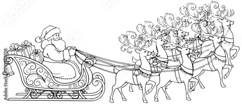Whimsical Santa Claus riding sleigh with reindeer team, perfect for holiday designs