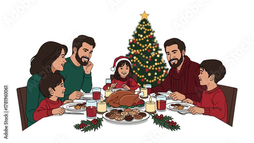 Holiday Feast and Family Bonds: A family gathers joyfully around a festive table laden with a delicious holiday feast, their hearts full of warmth and togetherness.