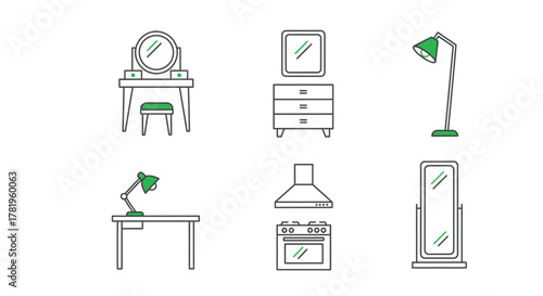 Assortment of six home furnishing icons with clean lines