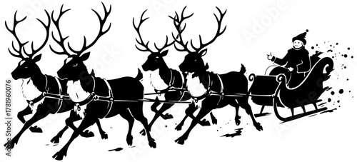 Santa Claus silhouette flying with reindeer and sleigh delivers Christmas gifts joyfully