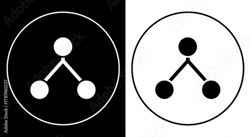 Two icons representing a network structure, one in black and white, the other in white on black