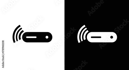 Two icons representing a wireless router, one in black on white, the other in white on black