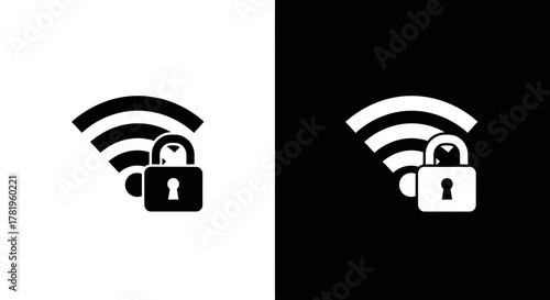 A black icon of a wifi signal combined with a padlock, symbolizing secure wireless network, on white and black backgrounds
