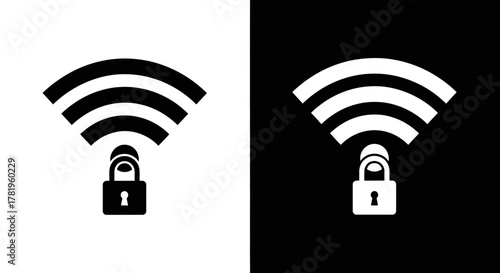 A black icon depicting a secure wifi signal with a padlock, representing protected wireless internet access, on white and black backgrounds