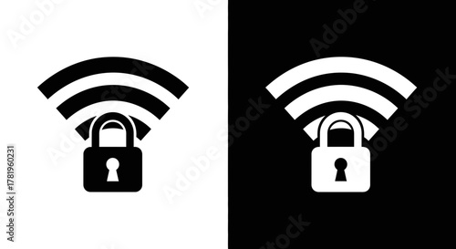 Secure wifi symbol with a lock icon, black and white versions