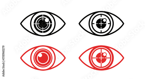 Four eye icons, two black and two red, with target reticles in the pupils