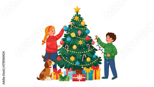 Christmas Tree Decorations: Two children, filled with glee, adorn a vibrant tree with ornaments. A festive dog adds to the warmth and cheer of the holiday season. 