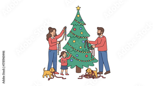 Family Adorning Christmas Tree: A joyous family, including children and a dog, comes together to decorate a Christmas tree, radiating warmth and togetherness during the holiday season.