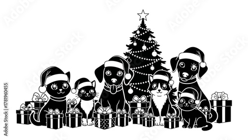 Holiday Animal Gather: Adorable animal companions come together during the holiday season, complete with festive attire and thoughtful gifts beneath a decorated tree.