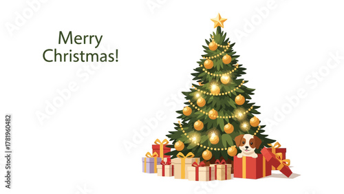 Joyful Christmas Gathering: The illustration presents the festive joy of the Christmas season. A beautifully adorned Christmas tree, laden with ornaments and twinkling lights.