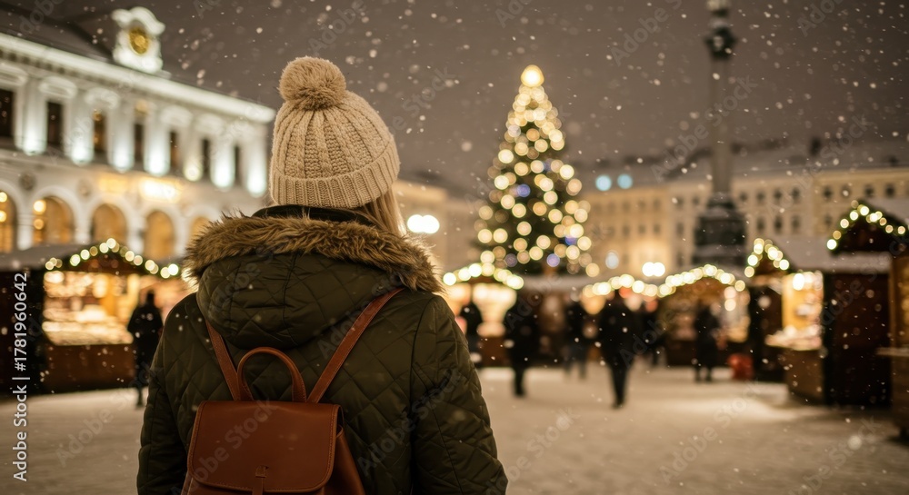 Fototapeta premium Woman in knit hat viewing a snowy European Christmas market square at night