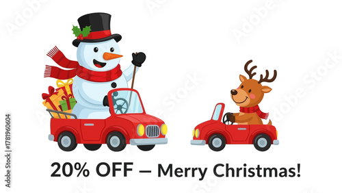 Christmas Car Parade: A cheerful snowman and a playful reindeer merrily cruise along in their red convertibles, spreading holiday cheer and goodwill. Adorned with gifts.