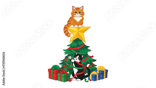 Whimsical Christmas Cats: Playful felines bring festive cheer to a decorated Christmas tree, amidst wrapped gifts, radiating holiday joy and warmth.