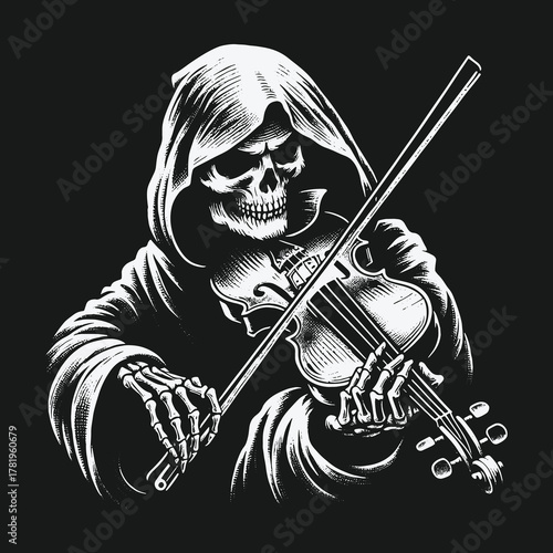 Monochrome illustration of the Grim Reaper playing a violin.