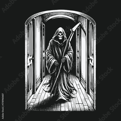 Grim Reaper with a scythe standing in a dark hallway illustration.