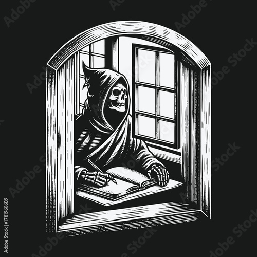 Grim Reaper skeleton writing in a book by an arched window illustration.