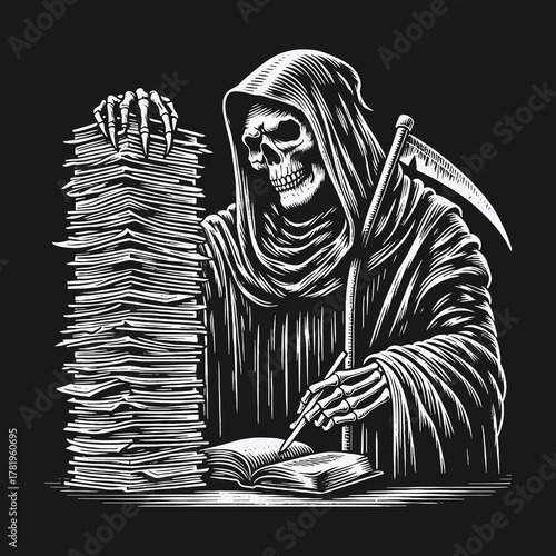 The overworked Grim Reaper with a tall stack of documents.