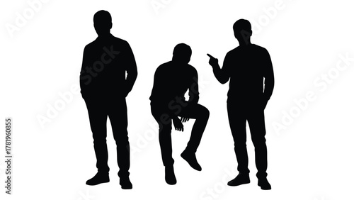 Three men silhouettes in various poses isolated on white background, Vector