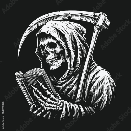 Monochrome illustration of the Grim Reaper reading a book.