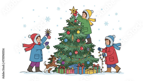 Christmas Decoration: Children gather to adorn a festive tree with ornaments, a star, and garlands. A dog excitedly joins the joyful preparation, creating a heartwarming scene of holiday cheer.