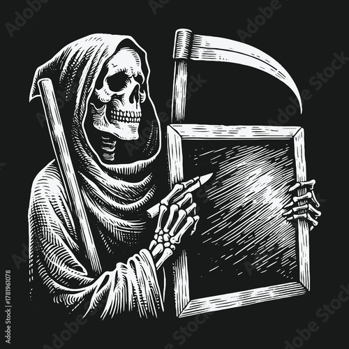 Macabre Grim Reaper skeleton with a scythe and chalkboard.