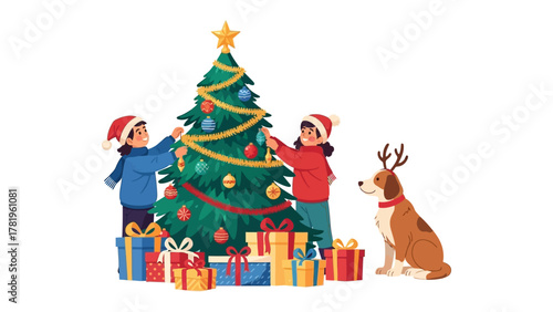 Festive Family Moments: A pair of children, filled with holiday spirit, decorate a sparkling Christmas tree adorned with ornaments and garlands, accompanied by a loyal dog, amidst wrapped presents. 