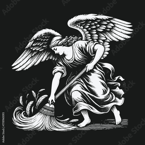 Vintage engraving style illustration of a winged angel sweeping with a broom on a black background.