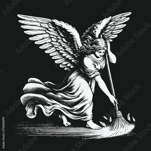 Classical style angel with wings sweeping dust on black background.