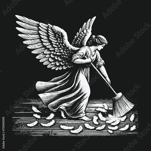 Monochrome illustration of a winged angel sweeping fallen feathers.