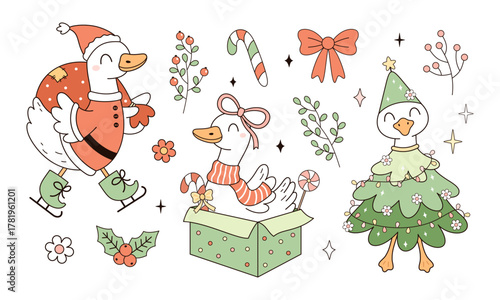 Silly Christmas Goose Clipart. Funny Xmas Santa Goose Memes Design. Merry Christmas Cottage Holiday Illustrations in Cartoon Vector Style