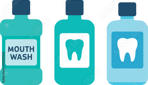 Colorful Mouthwash Bottles with Dental Health Theme for Fresh Breath and Healthy Gums Routine Illustration