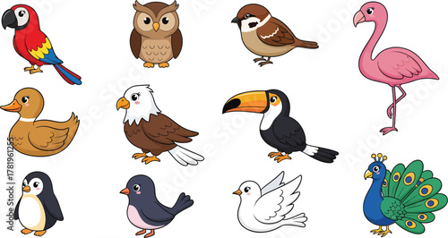 Collection of Adorable Cartoon Birds in Pixel Art Style