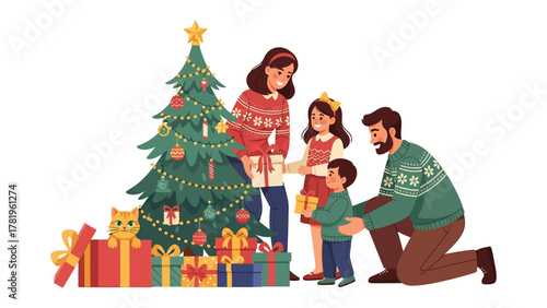 Family Festive: A family joyfully exchanging presents near a decorated Christmas tree, evoking the warmth and excitement of the holiday season.