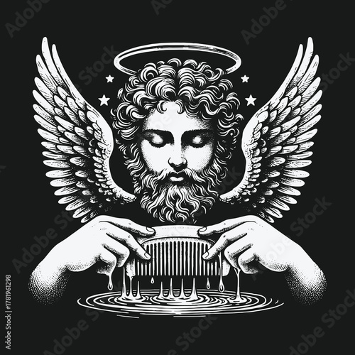 Surreal black and white illustration of a winged god combing water.