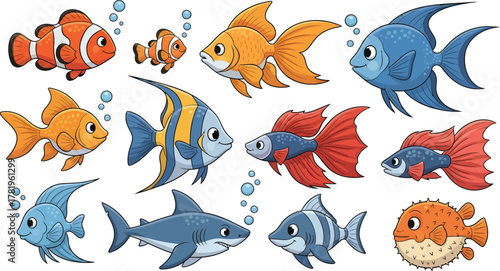 Collection of Colorful Cartoon Aquarium Fish