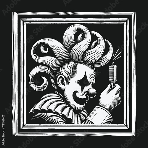 Sinister Clown with Dynamite in a Vintage Frame Illustration.