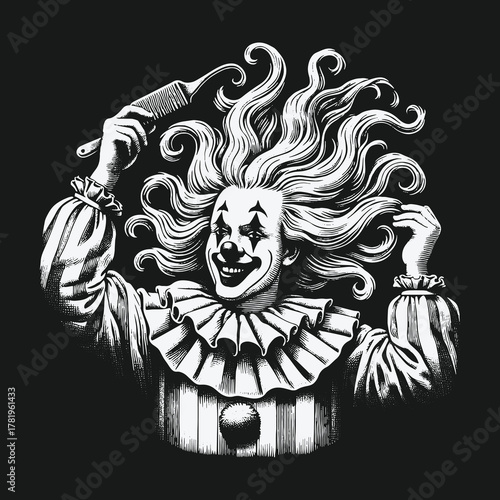Monochrome illustration of a smiling clown combing his wild hair.