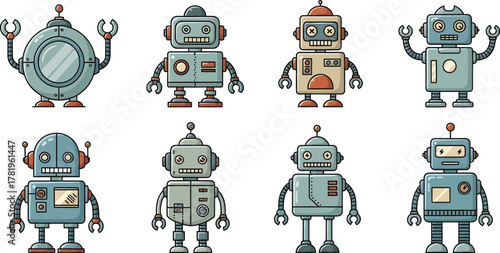 Cute Retro Cartoon Robots Set Vector Illustration