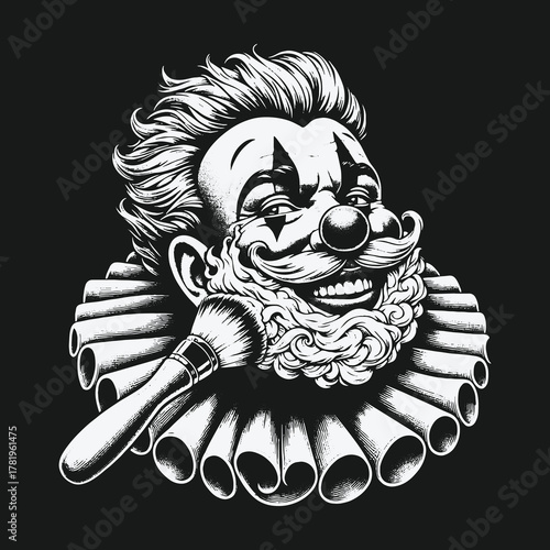 Monochrome illustration of a smiling bearded clown with a makeup brush.