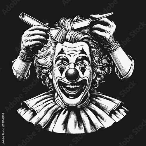 Smiling Vintage Clown Combing Wig with Two Combs Illustration.