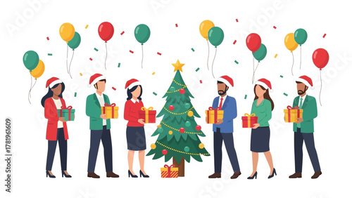 Festive Team Gathering: A joyous gathering of colleagues surrounds a decorated christmas tree, exchange gifts, balloons float overhead and confetti falling, creating a festive scene of warmth, joy.
