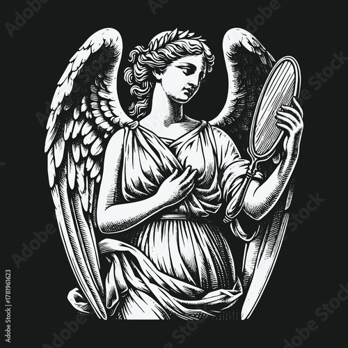 Contemplative Winged Angel Gazing into a Hand Mirror Illustration.