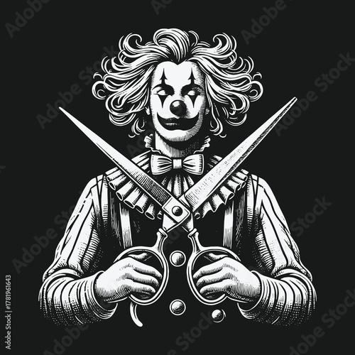 Sinister Clown with Crossed Scissors Black and White Illustration.
