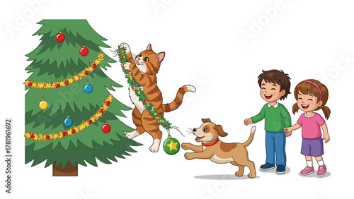 Festive Family Cheer: Capture a heartwarming scene, kids, cute puppy, and a curious cat eagerly collaborate, decorating a Christmas tree with ornaments, evoking a spirit of joy and togetherness