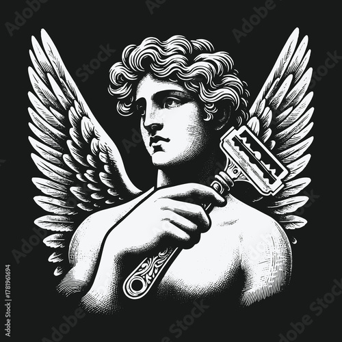 Monochrome engraving of a winged angel holding a shaving razor.