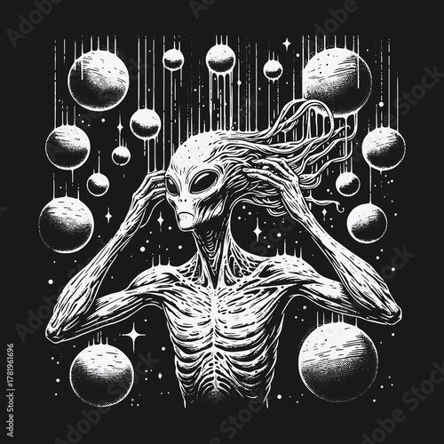Monochrome Illustration of a Psychic Alien Controlling Planets in Space.