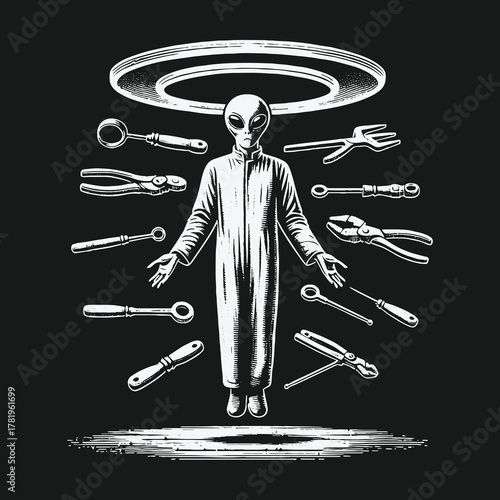 Mysterious Grey Alien God with Levitating Workshop Instruments.