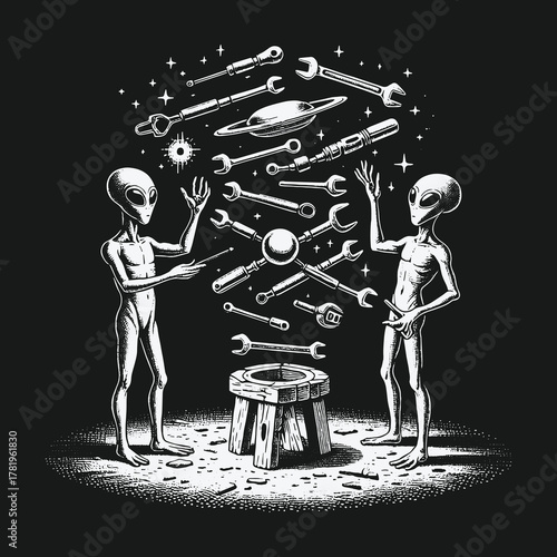 Two Grey Aliens Using Telekinesis to Levitate Mechanical Tools.